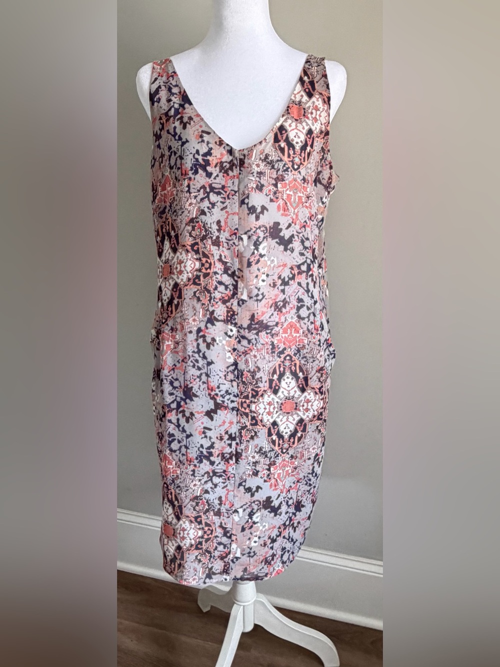 CAbi Sleeveless Midi Dress in Coral, Black, Cream Print with pockets
